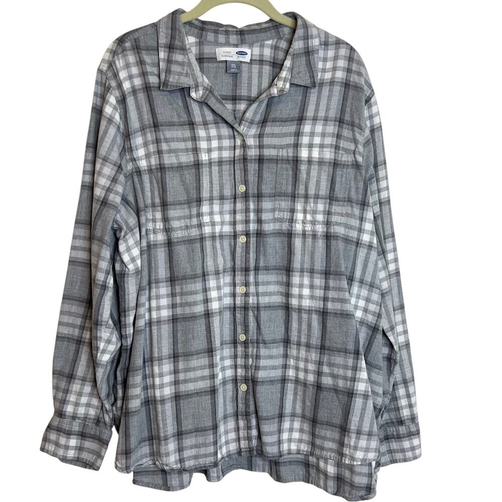 Old Navy Womens Button Up Shirt XXL Gray White Plaid Lightweight Flannel